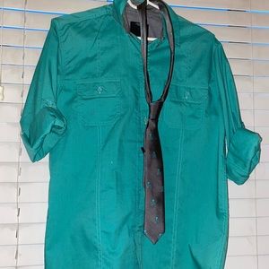 teal button down with tie